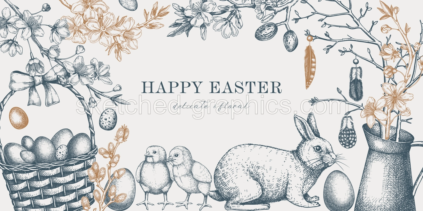 Easter frame design with cute characters and spring decor elements. Hand drawn bunnies, eggs, chickens, flowers and flowering trees background. Vector template with vintage Holiday sketches Illustration